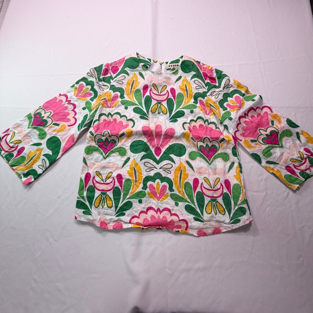 Boden Womens Pink Green Floral Linen Blouse 3/4 Sleeve Top Size US 6 UK 10 - Picture 2 of 7